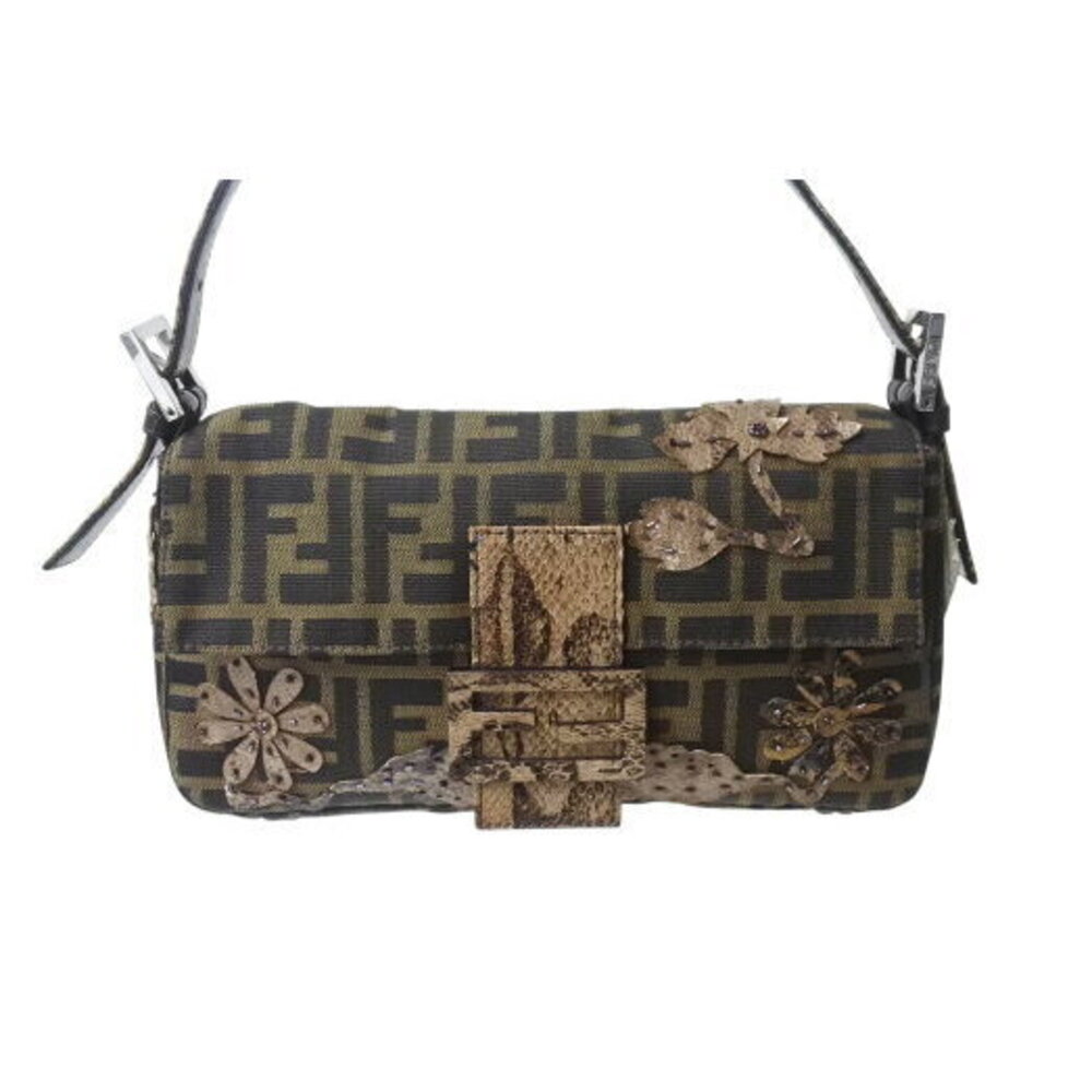 Fendi Python Handbag Leather Canvas Brown